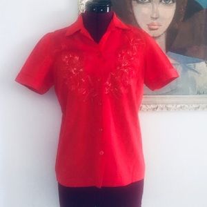 Vintage Red Asian Top Embroidered Dragon S